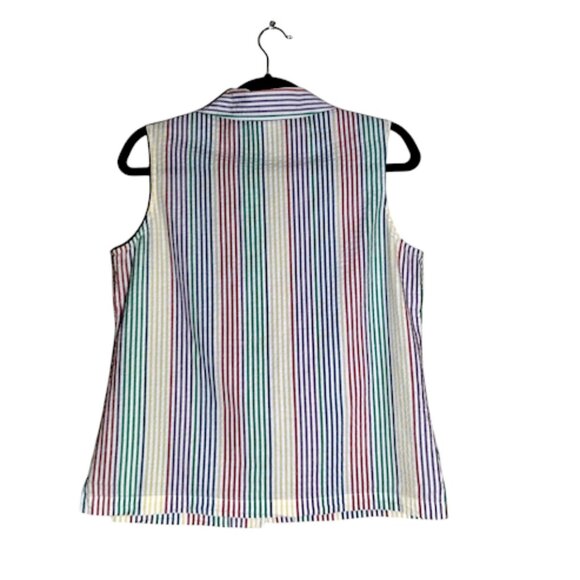 TALBOTS Vintage 90s Pastel Rainbow Stripe Sleeveless Button Down Cotton Blouse M - Picture 2 of 11